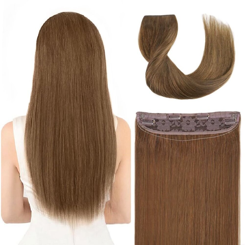 Human Hair Extensions 14 Inch Light Brown Clip-Ins Wire Halo Volume Style